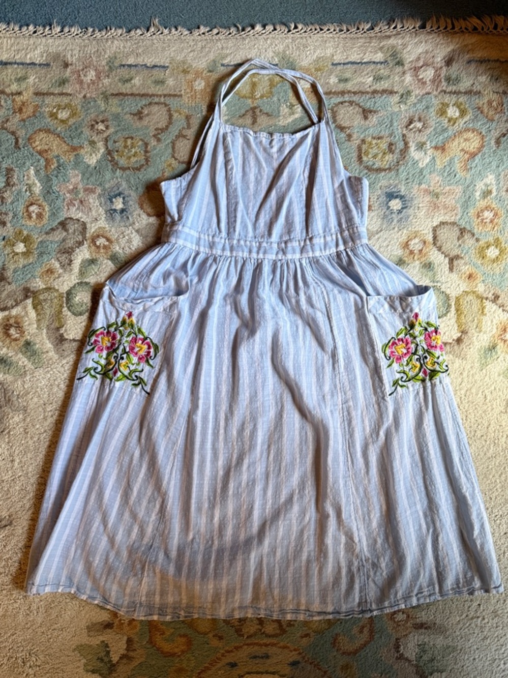Urban Outfitters Light Blue Striped Halter Dress with Floral Pocket Embroidery